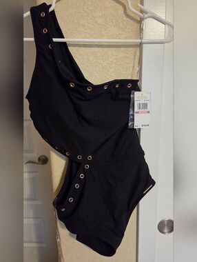 Michael Kors Black One-Shoulder Swimsuit with Gold Eyelet Detail